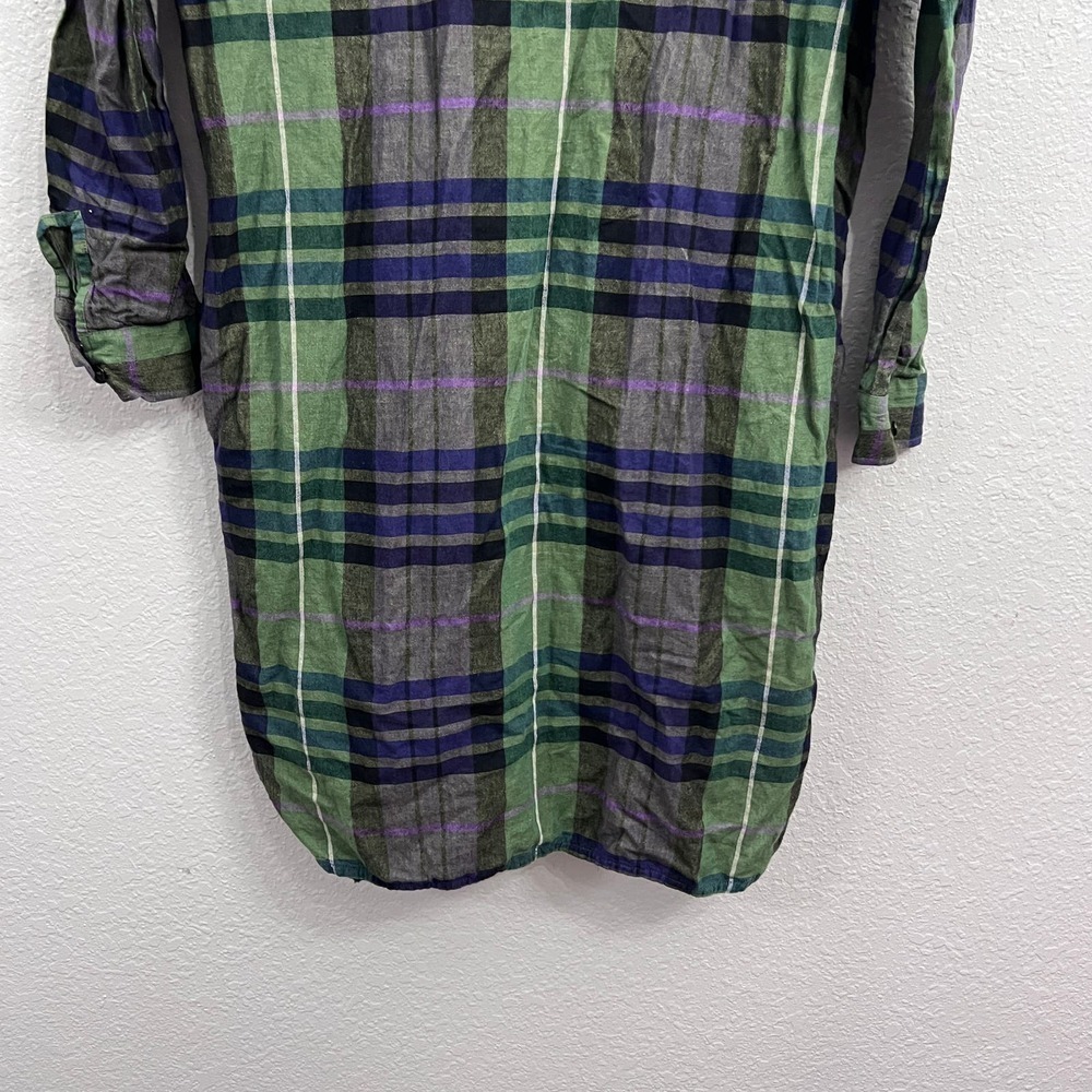 SANDRO PARIS GREEN PLAID LONG SLEEVE RUFFLE NECK HI-LOW SHIRT DRESS Size M - Picture 15 of 16